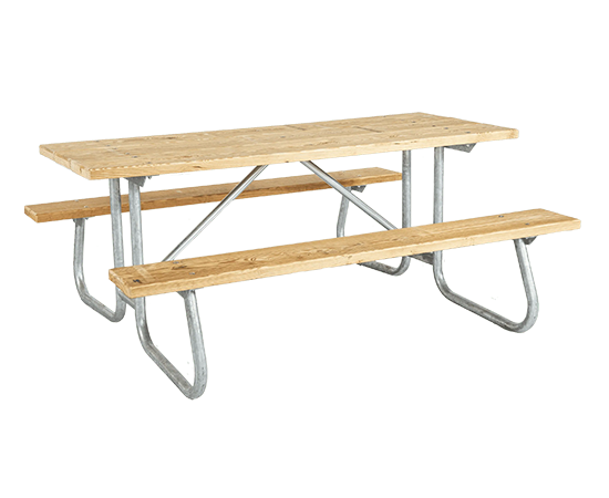 Walk-through picnic table with wooden planks and open side frame allowing easy entry without stepping over benches